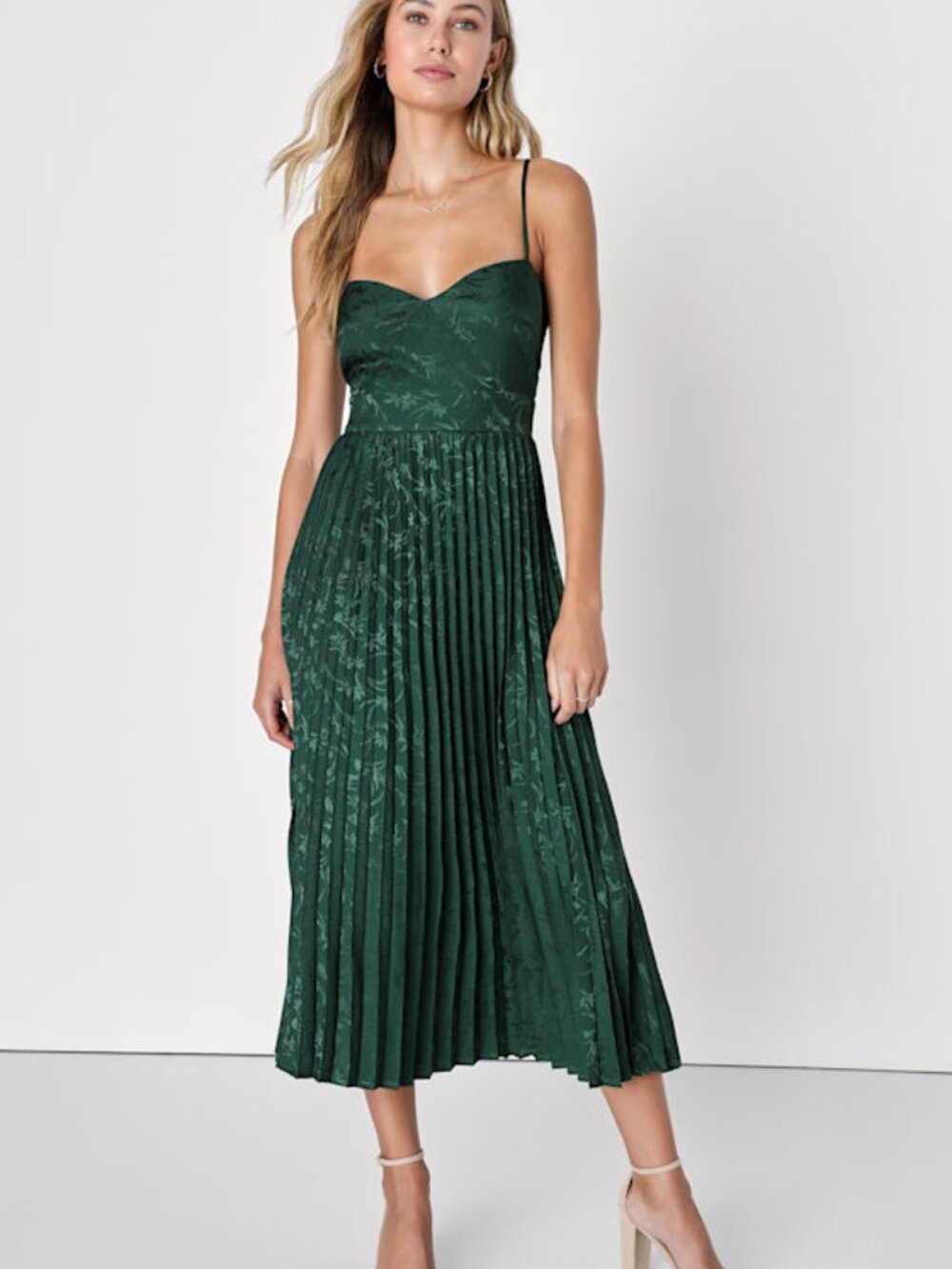 Lulus Regal Romance Emerald Floral Jacquard Pleated Satin Midi Dress Green
